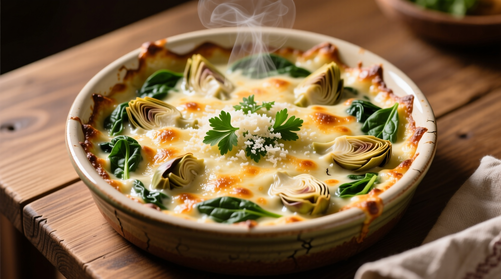 Creamy artichoke and spinach dip in baking dish