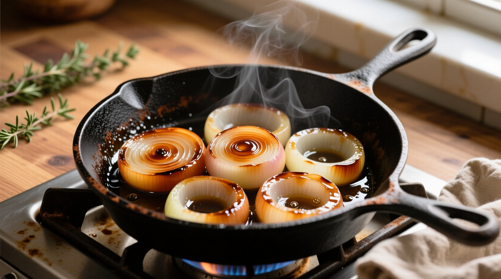 Perfectly caramelized sweet onions on cast iron skillet