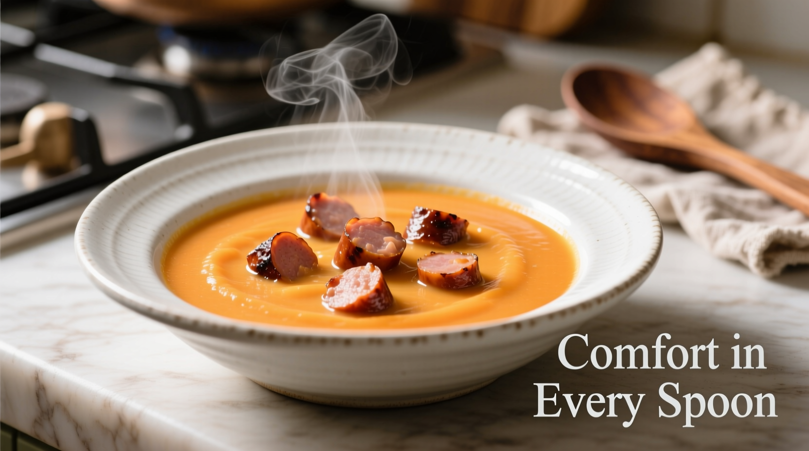 Creamy sweet potato soup with sausage in white bowl