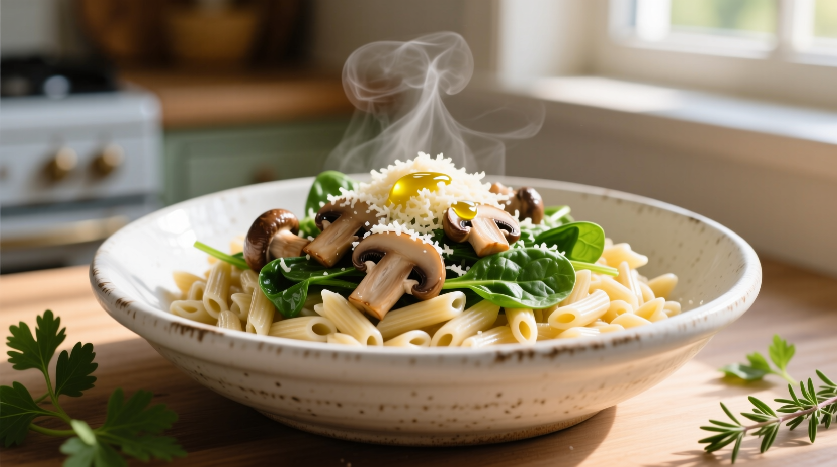 Creamy orzo with mushrooms and spinach in white bowl