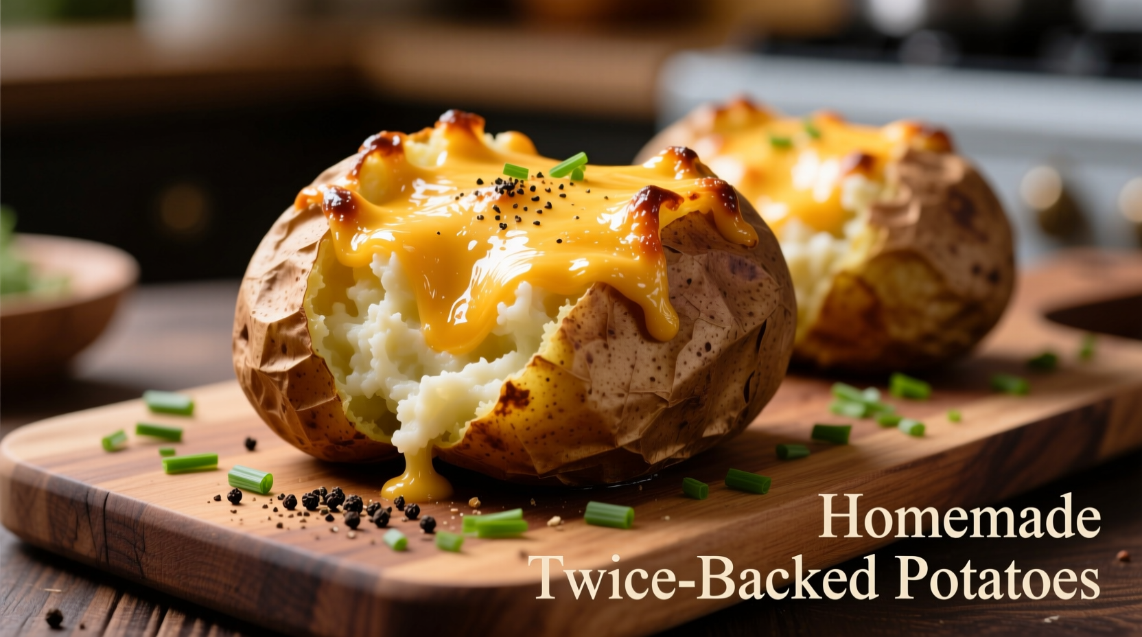 Golden brown twice baked potatoes with melted cheese topping