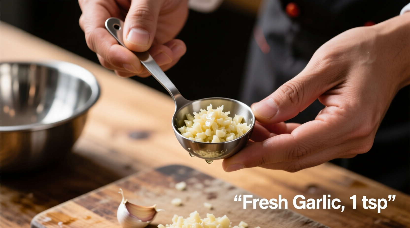 Chef measuring minced garlic in teaspoon