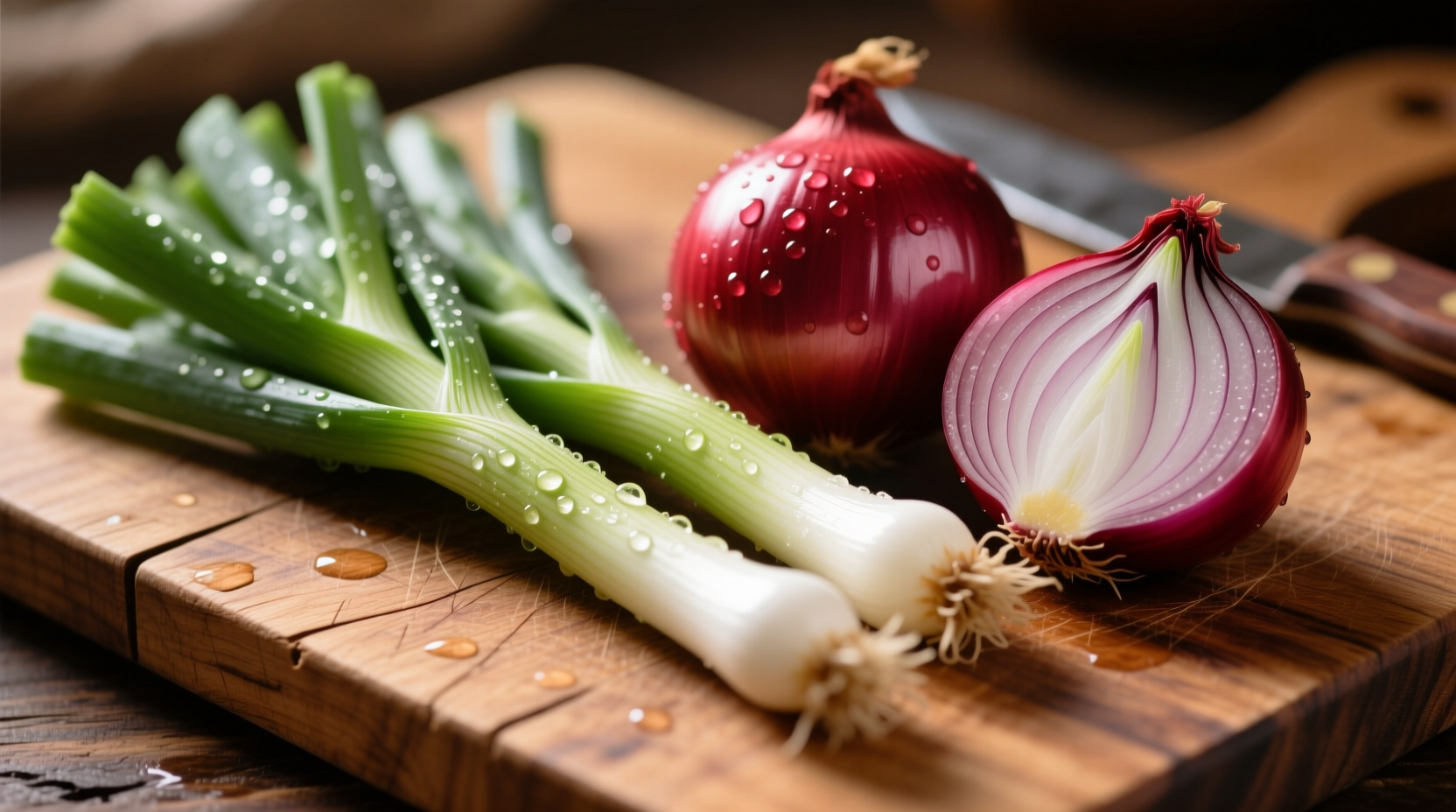 Fresh scallions and red onions on wooden cutting board