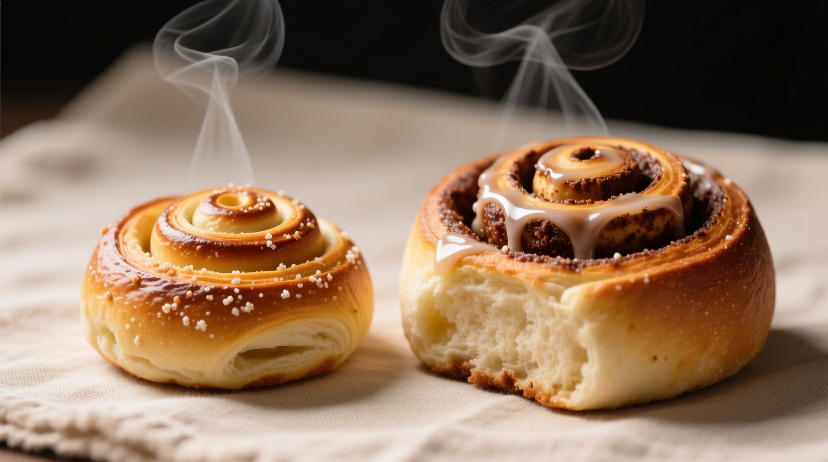 Side-by-side comparison of traditional Swedish kanelbullar vs American cinnamon rolls showing size and spice differences