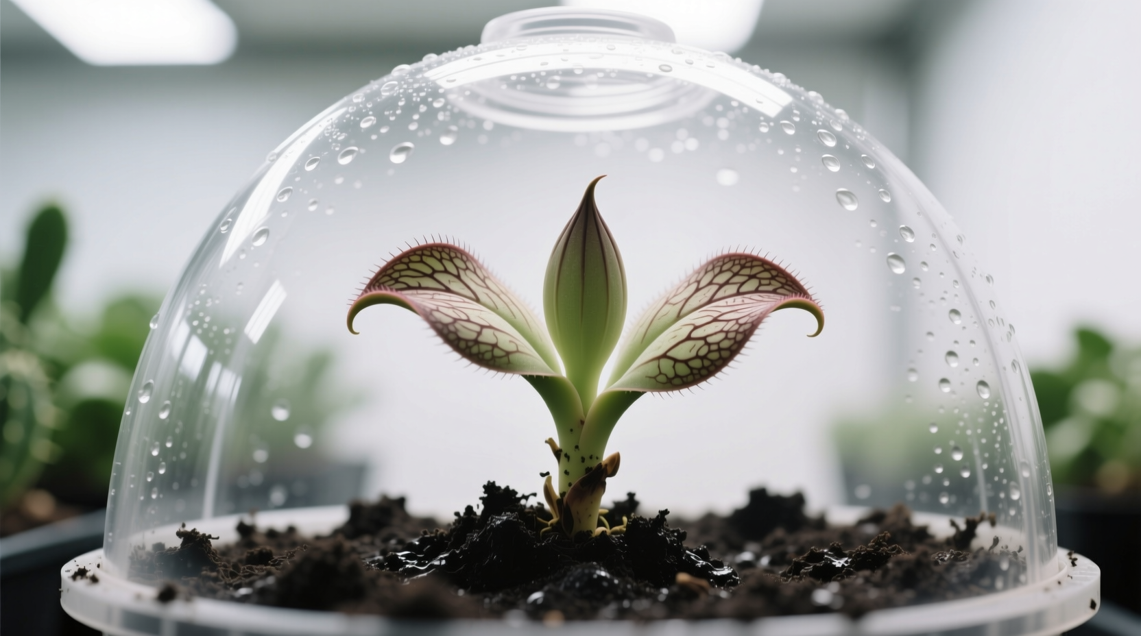 Corpse plant seedling in controlled greenhouse environment with humidity dome