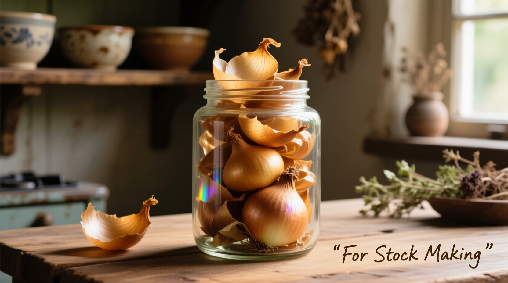 Onion skins in glass jar for stock making