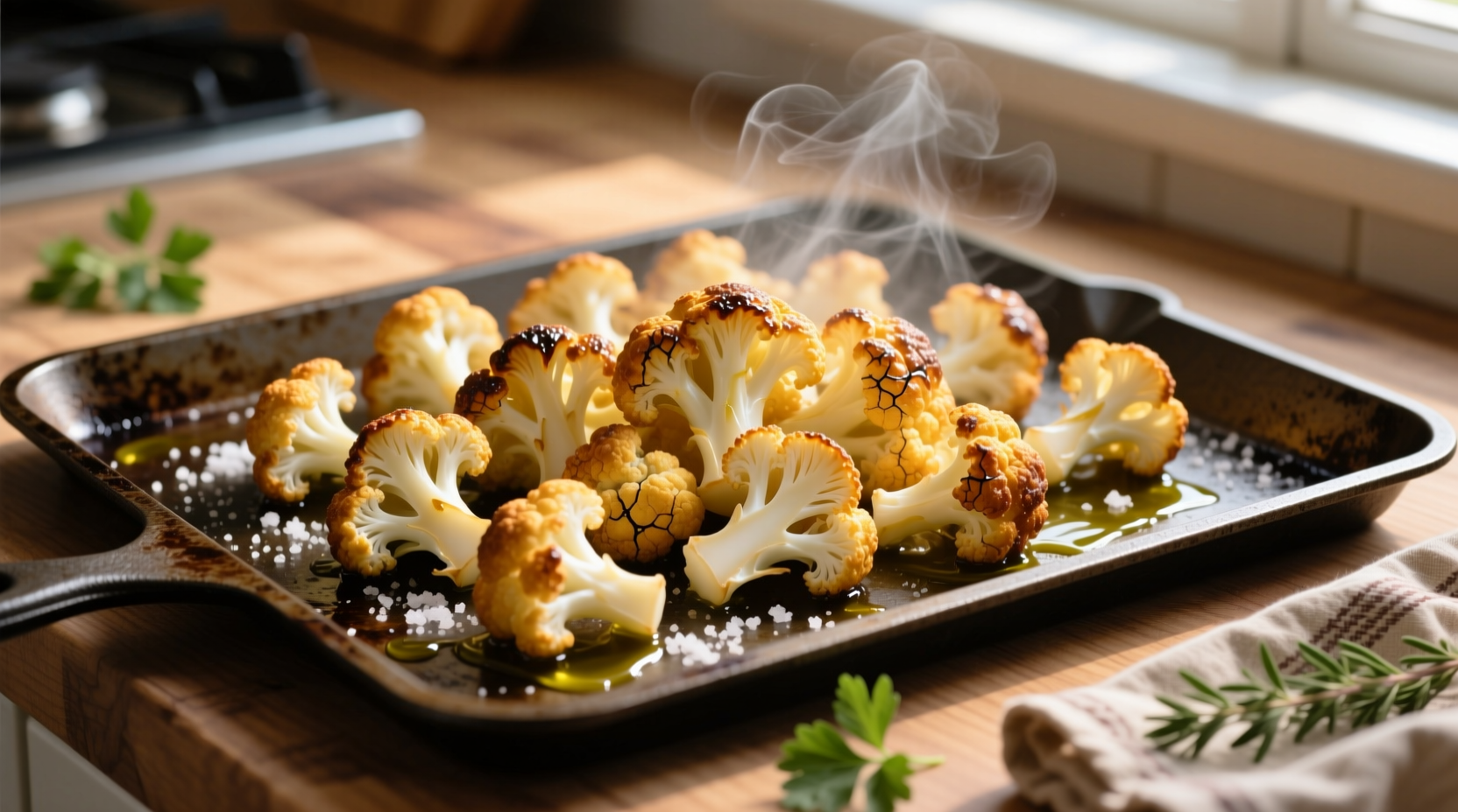 Golden crispy cauliflower florets on baking sheet