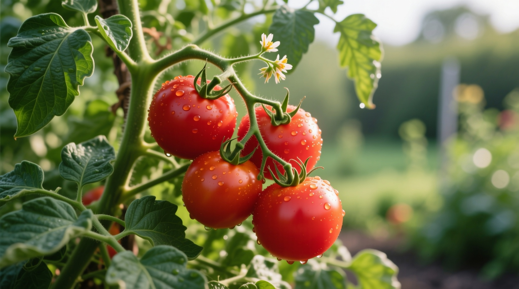 Ripe red tomatoes on vine with green leaves