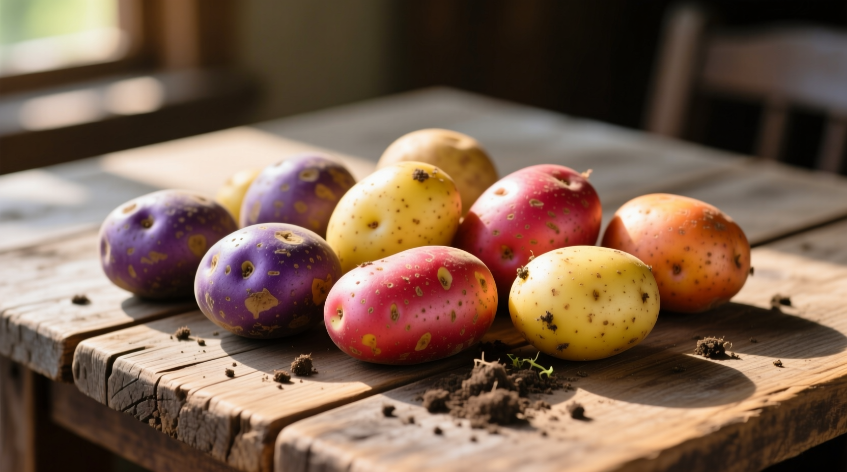 Fresh potatoes with colorful skins on wooden table