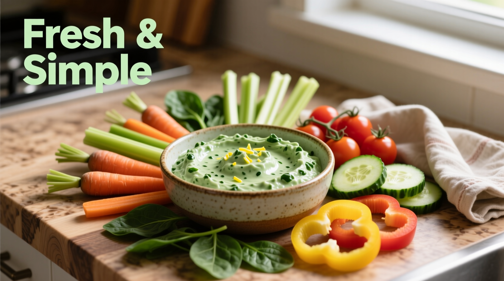 Creamy green spinach dip in bowl surrounded by vegetable dippers