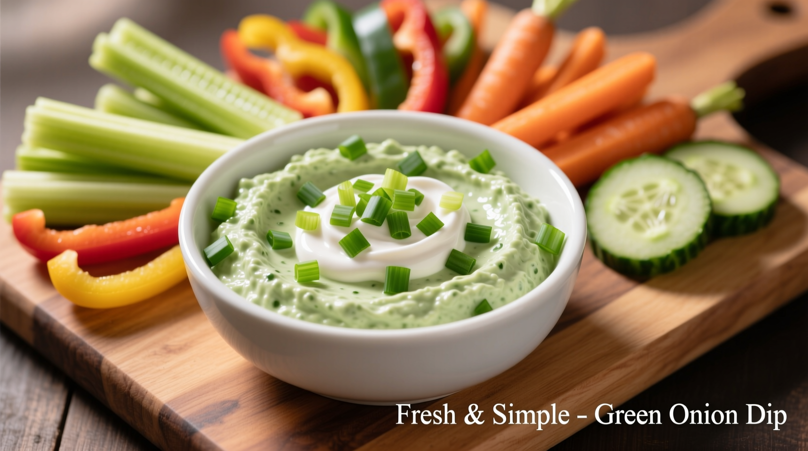 Creamy green onion dip in white bowl with vegetable dippers