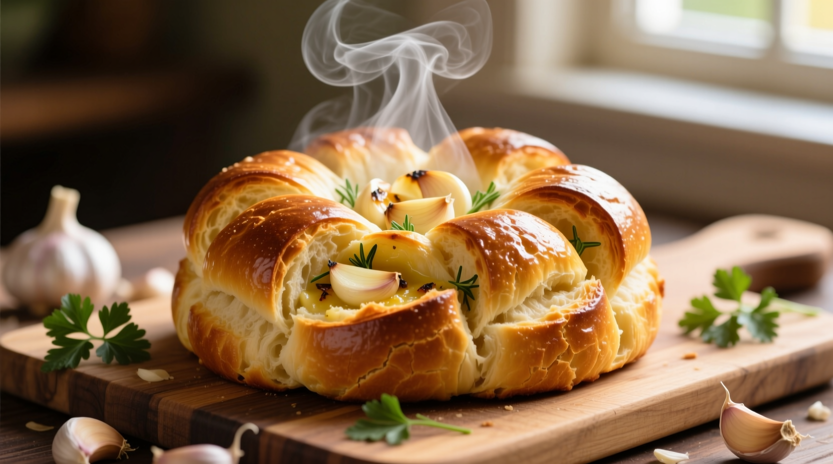 Golden garlic pull apart bread with steam rising