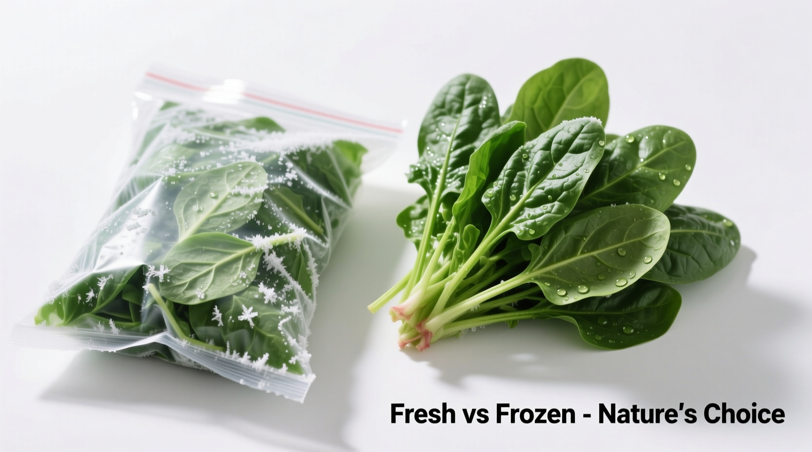 Frozen spinach bag next to fresh spinach