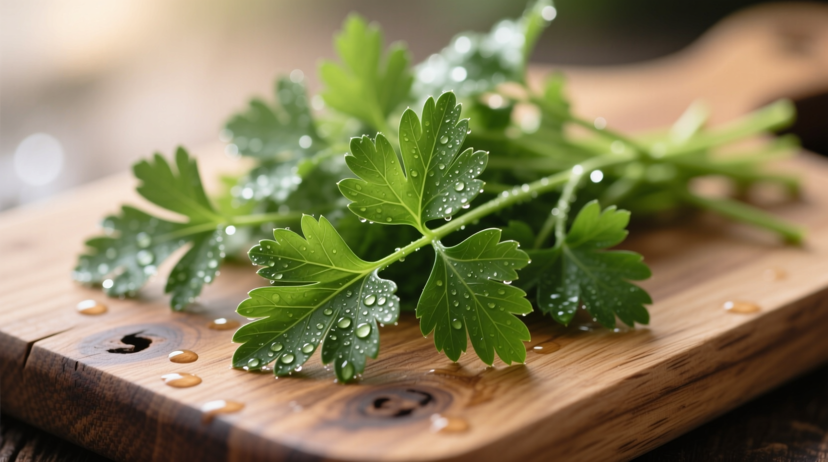 Close-up of fresh flat-leaf parsley on wooden cutting board