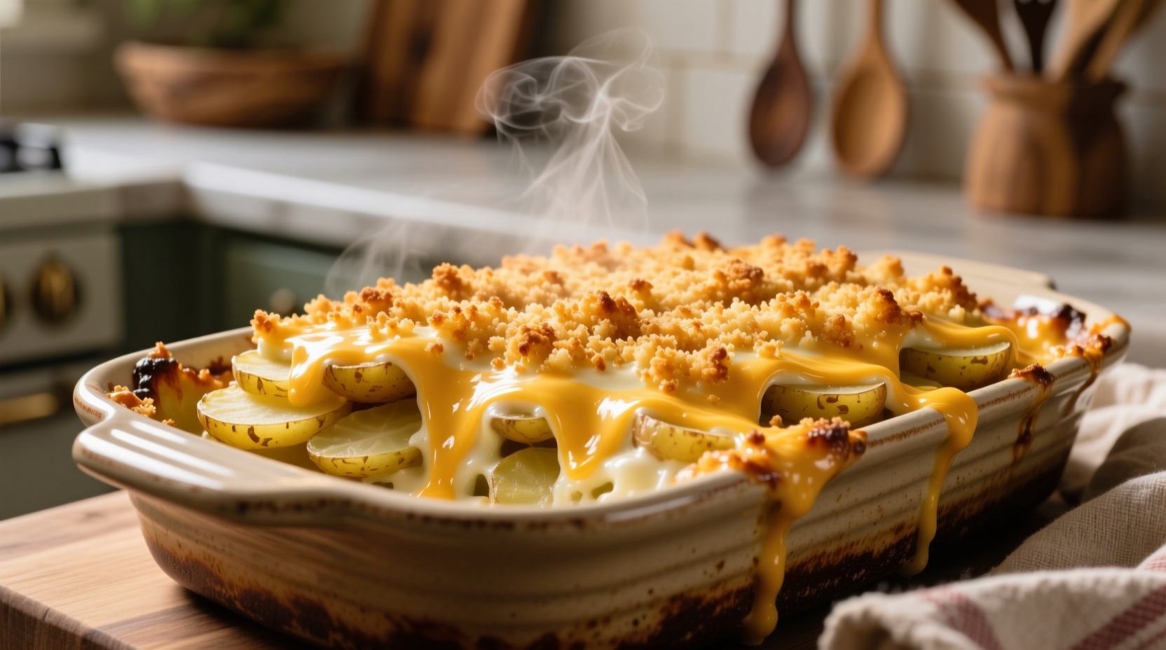 Golden cheesy potato casserole with crispy breadcrumb topping