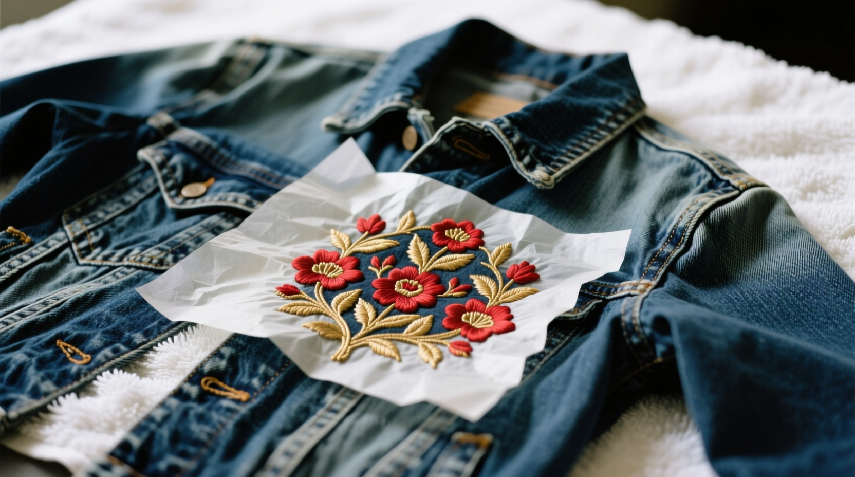 Close-up photograph showing a vintage denim jacket laid flat on a white microfiber towel, with embroidery facing upward and acid-free tissue paper gently tucked beneath raised stitch areas to maintain dimensional integrity during air drying