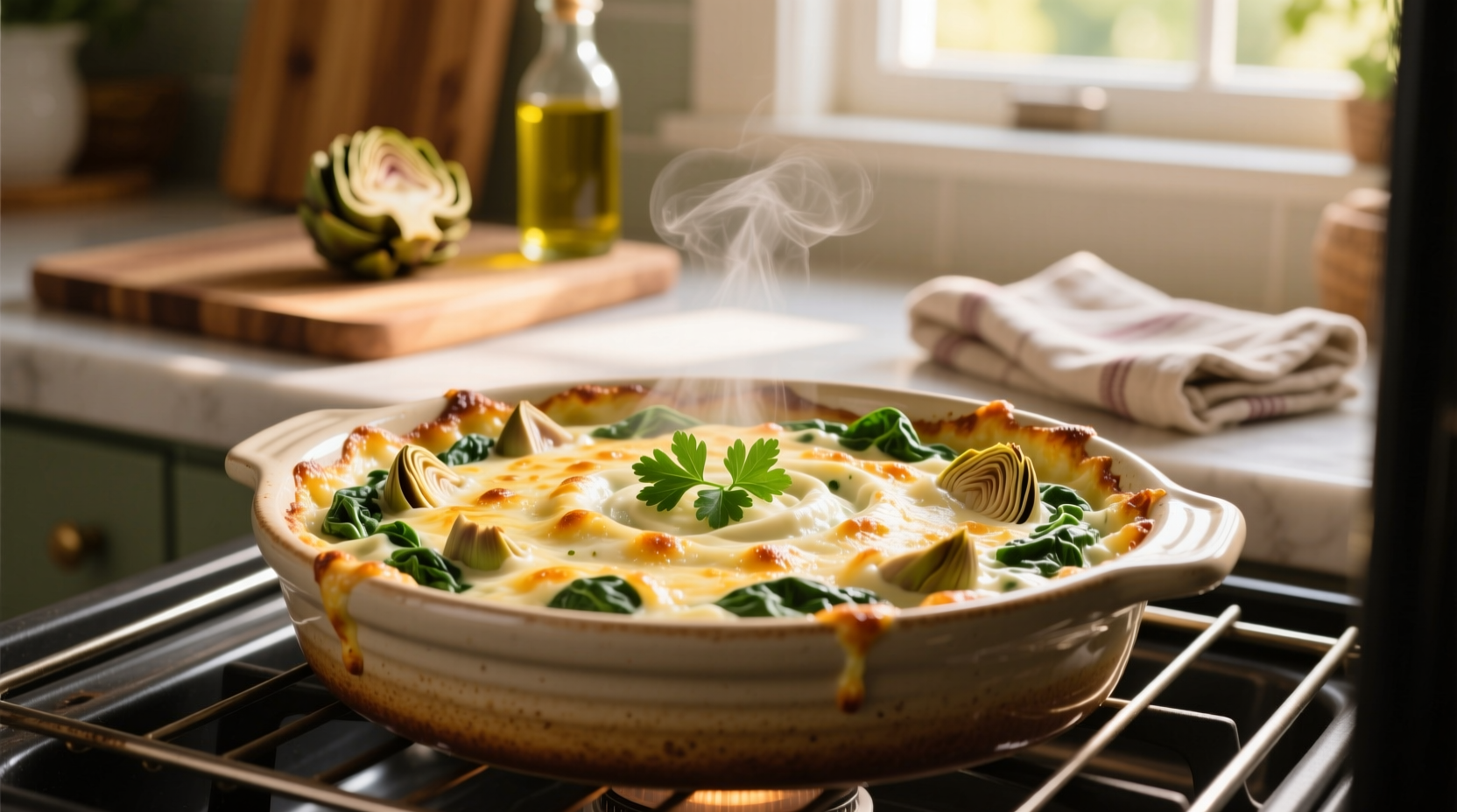 Creamy spinach artichoke dip in oven-safe dish