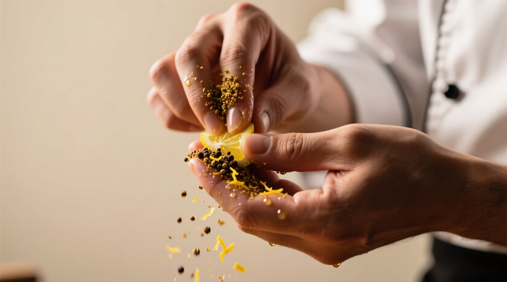 Chef testing lemon pepper aroma by rubbing between fingers to release essential oils