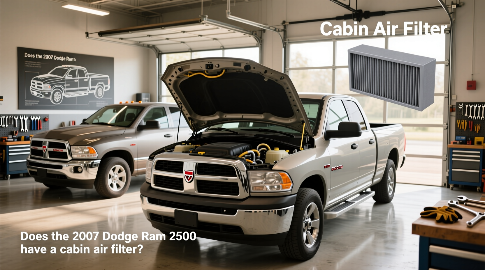 Aftermarket cabin air filter installed in a 2008 Dodge Ram 2500 showing filter placement behind glove box
