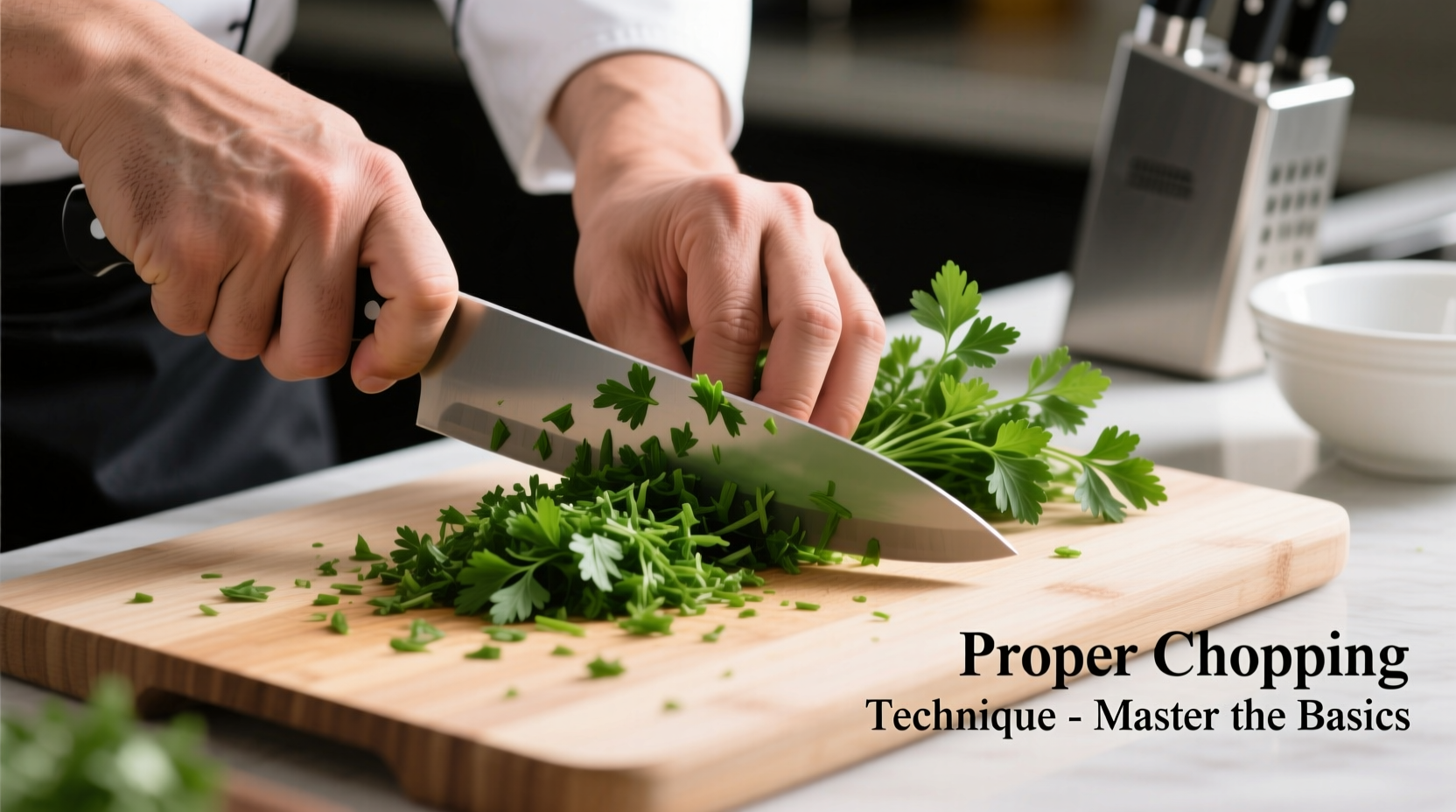 Chef's hands demonstrating proper parsley chopping technique