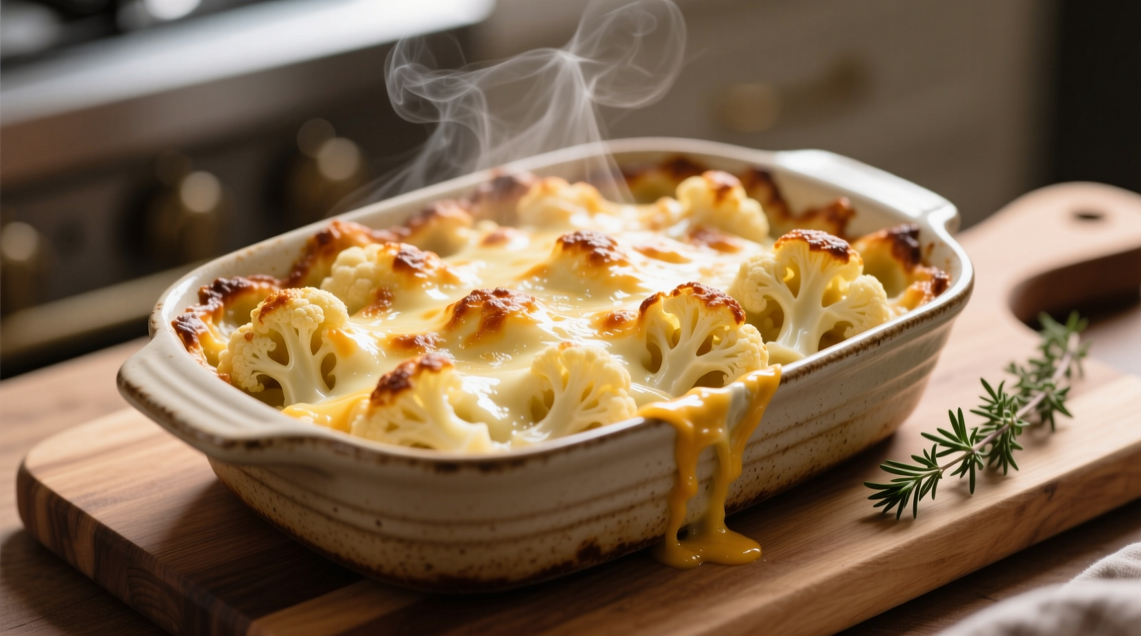 Creamy cauliflower with cheese sauce in baking dish