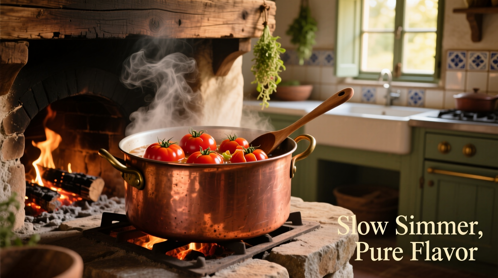 Roma tomatoes simmering in copper pot for sauce