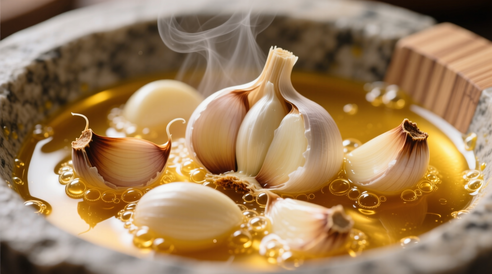 Fresh garlic cloves simmering in golden ghee