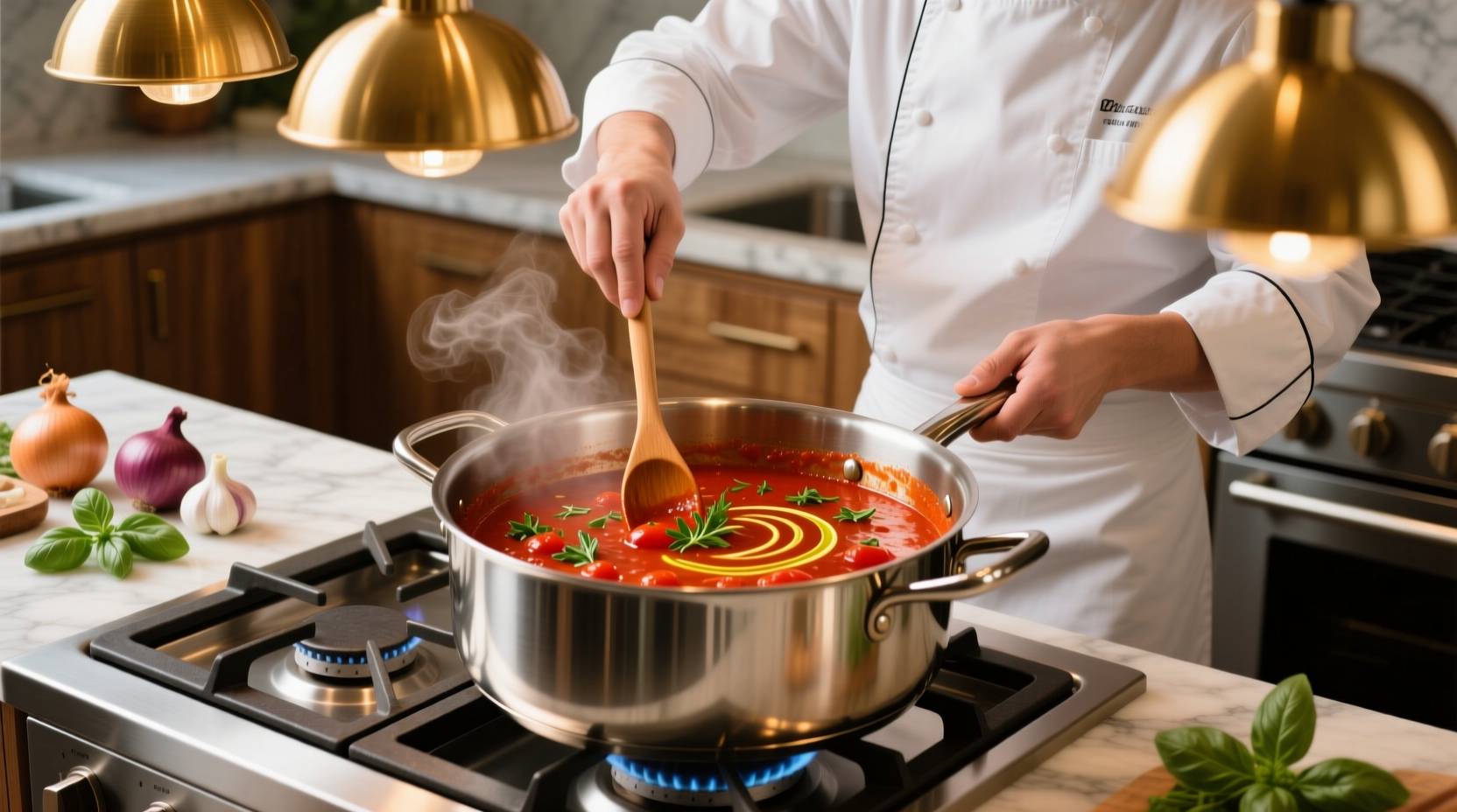 Chef stirring tomato sauce in stainless steel pot