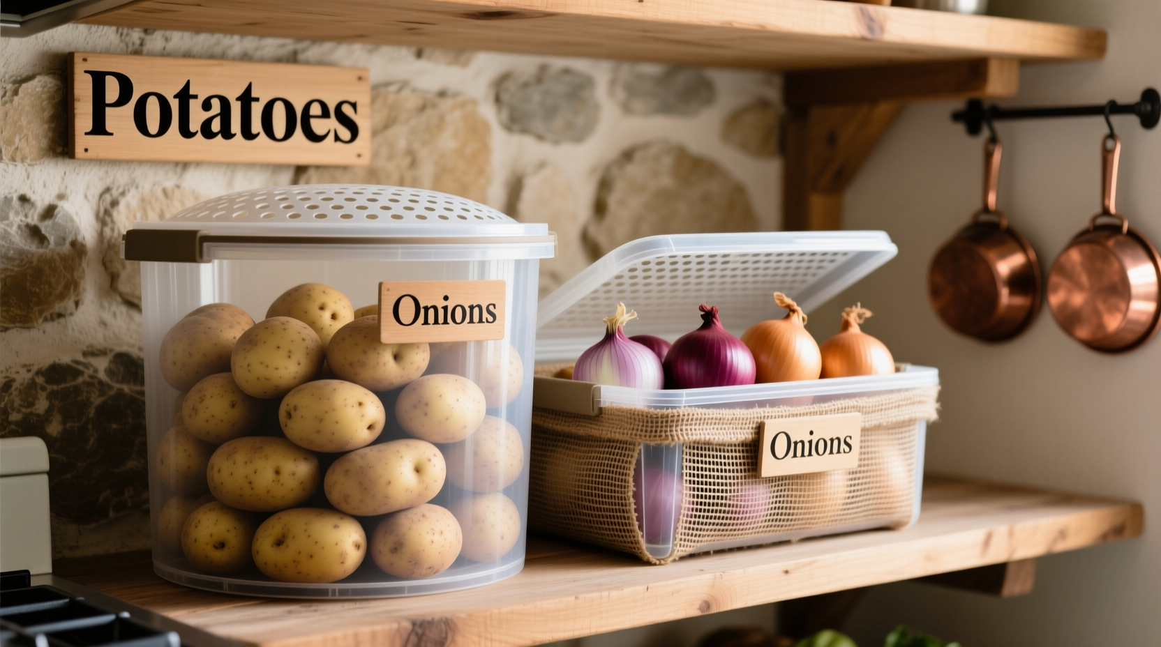 Proper potato and onion storage setup in ventilated containers