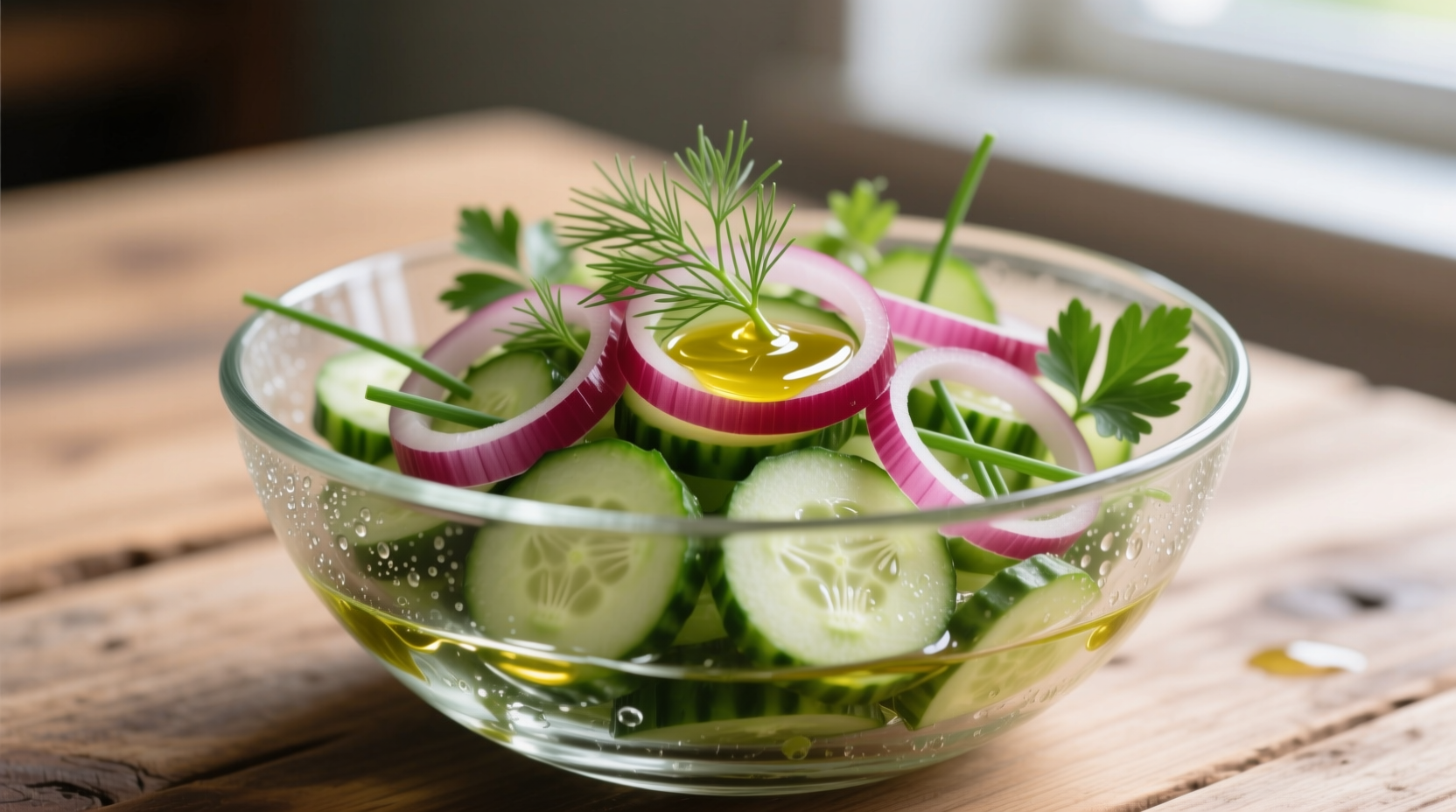 Fresh cucumber and red onion salad in glass bowl with herbs