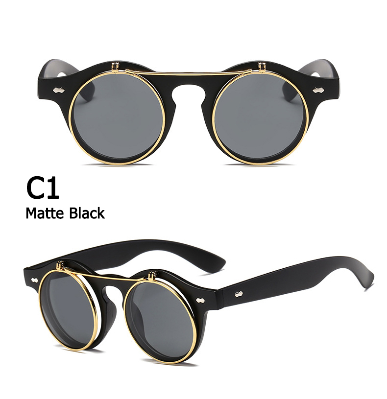 Vintage Round Flip Up Sunglasses - Classic Double Layer Clamshell