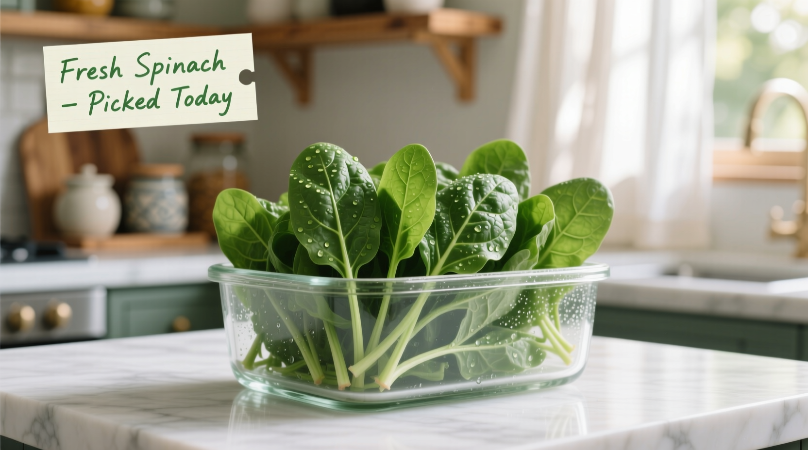 Fresh spinach stored properly in glass container