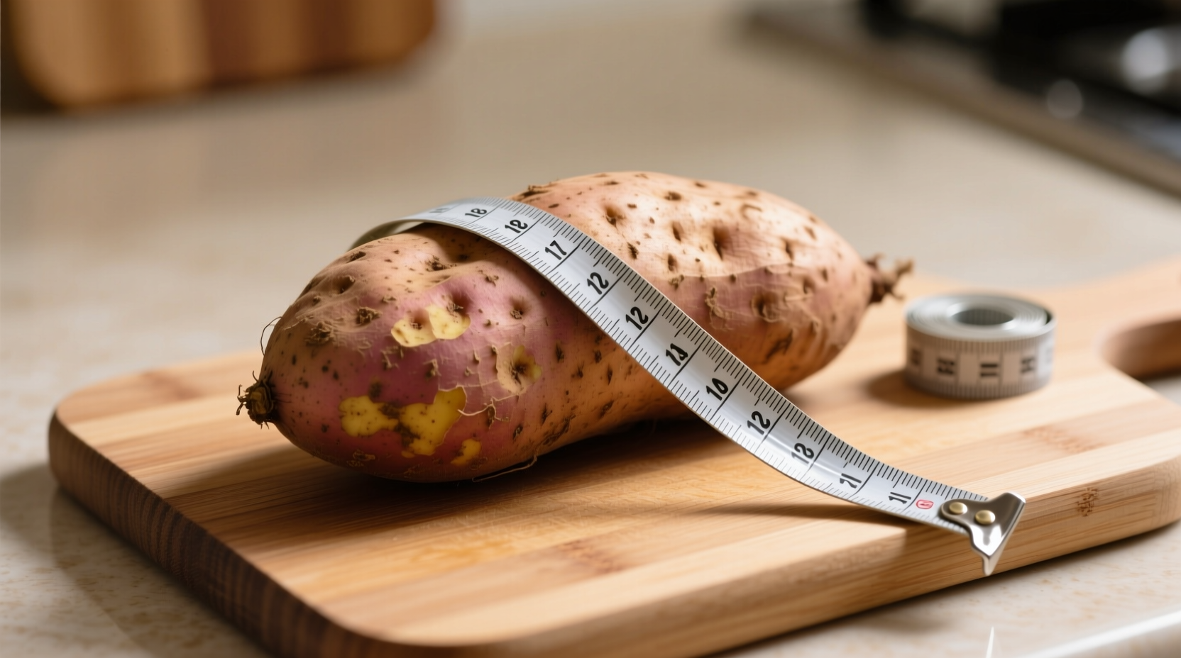 Medium sweet potato on cutting board with measuring tape