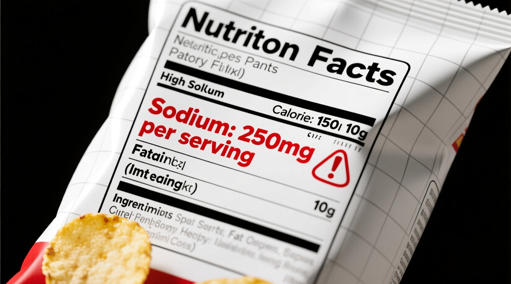 Nutrition facts panel showing high sodium content in potato chips