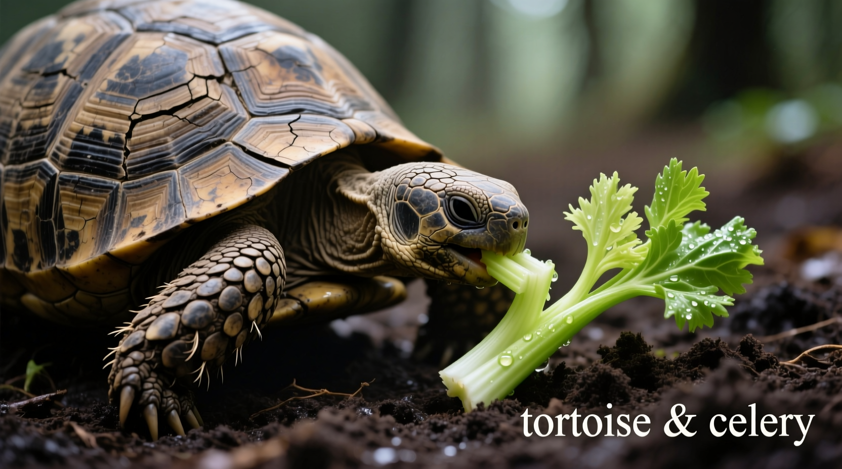 Tortoise eating small piece of celery on soil