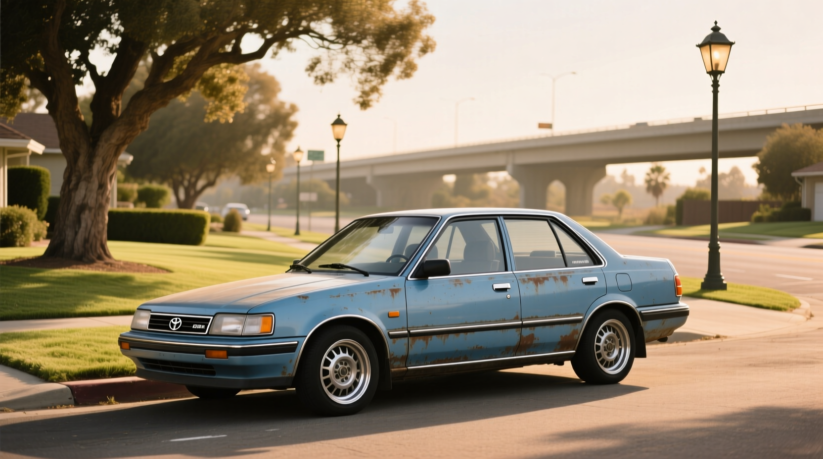Old Toyota Corolla hatchback parked on city street