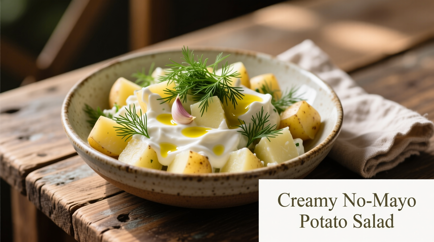 Creamy no mayo potato salad in serving bowl with fresh dill