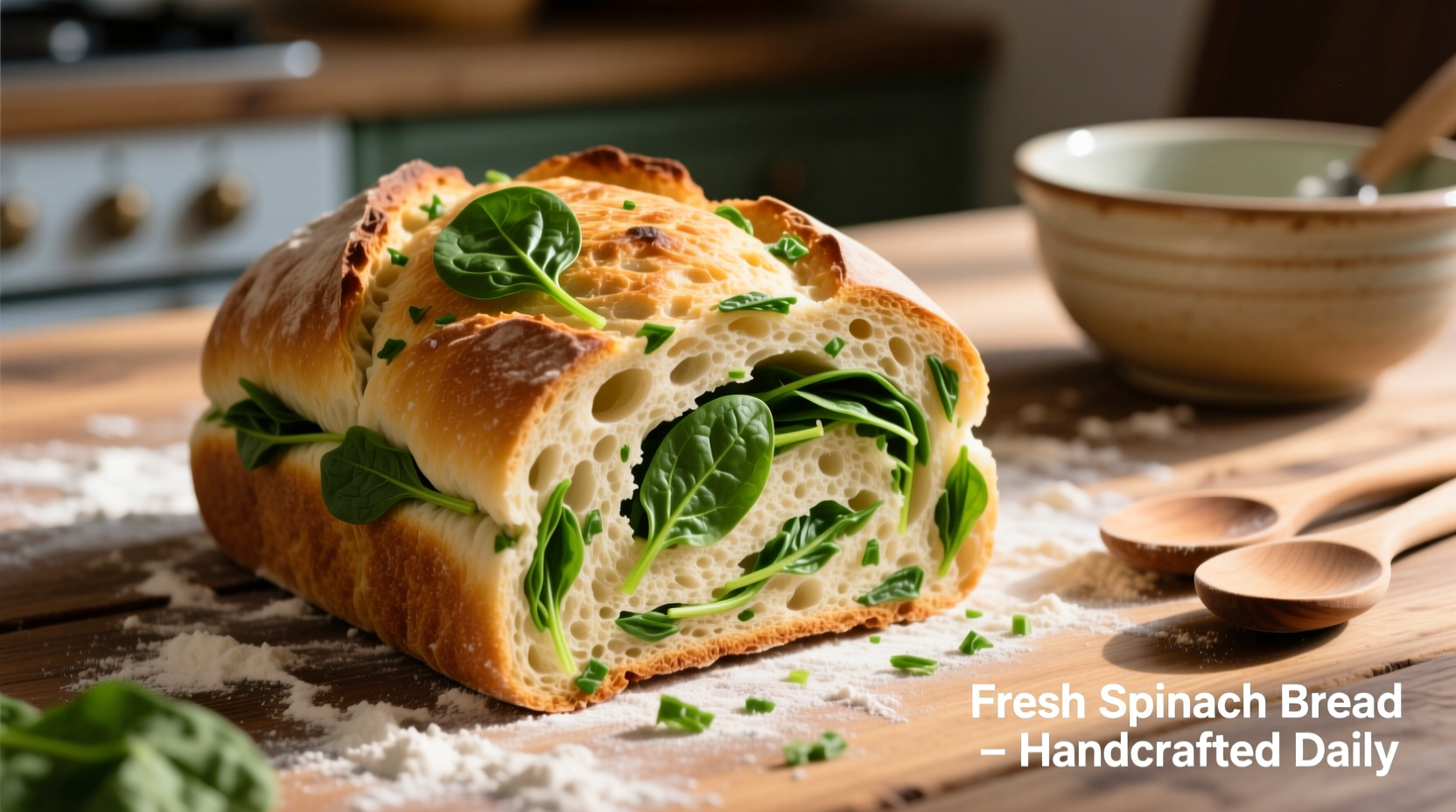 Fresh spinach incorporated into homemade bread dough