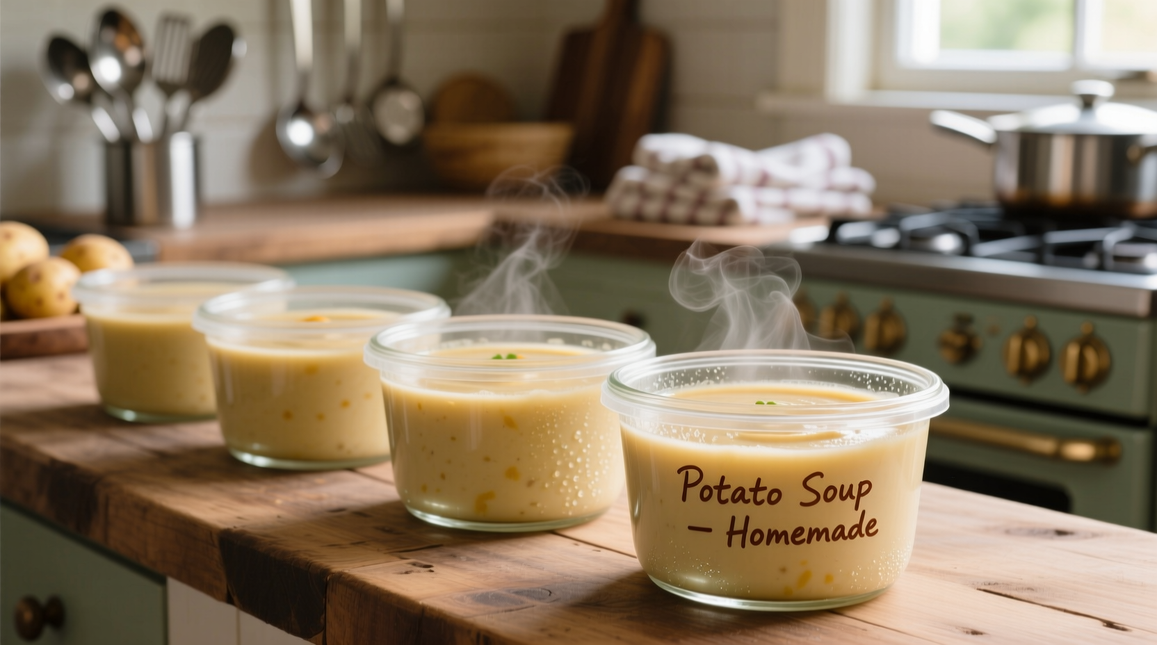 Properly stored potato soup in glass containers