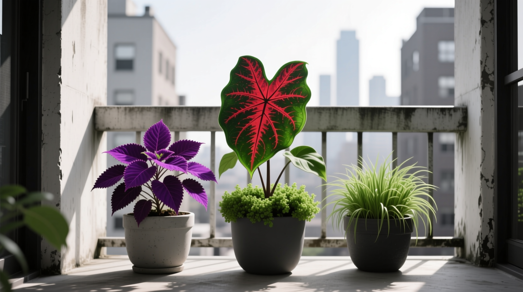 Three containers: caladiums, coleus, and dwarf mondo grass thriving in shaded urban balcony