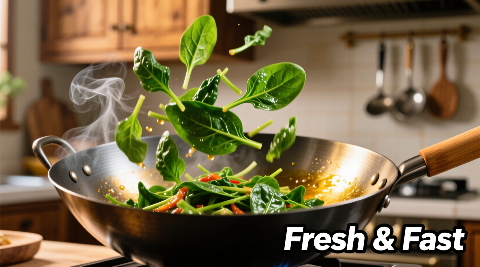 Fresh spinach stir-frying in a carbon steel wok