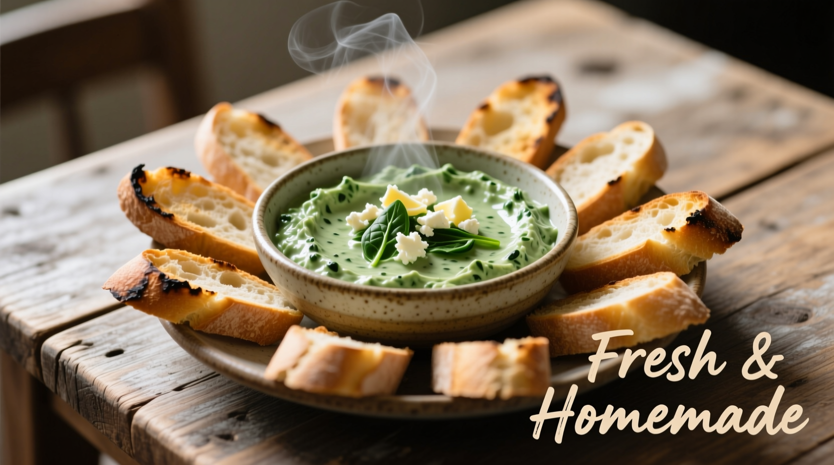 Homemade spinach dip in ceramic bowl with baguette slices