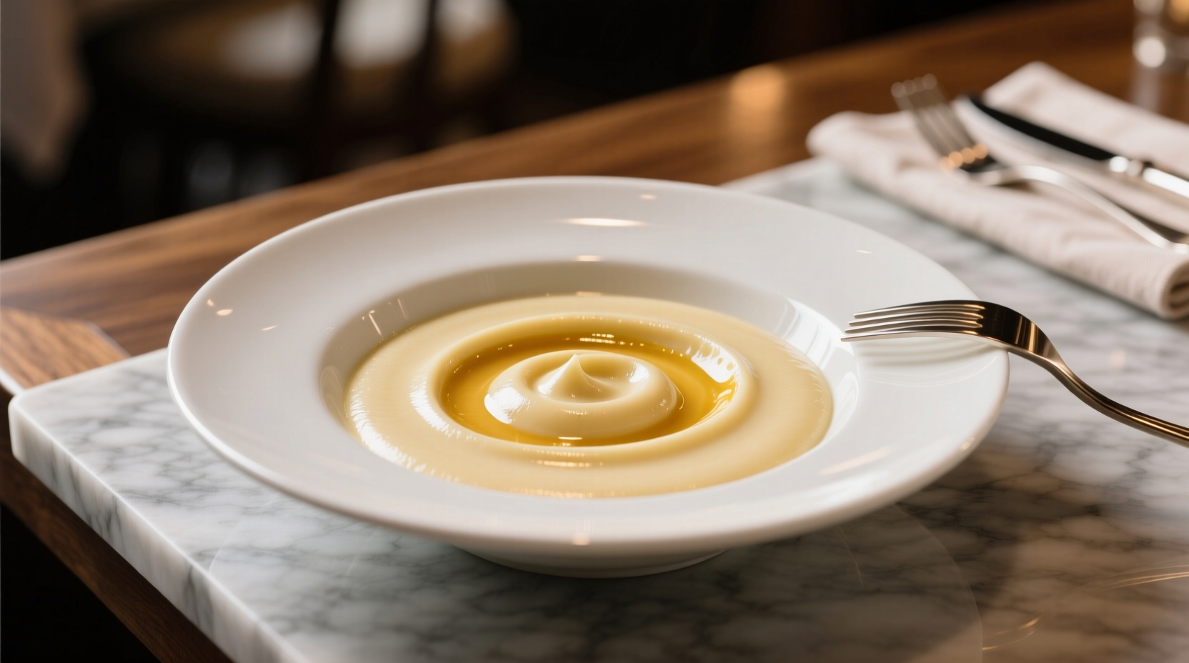 Silky smooth Joel Robuchon potato puree in white bowl
