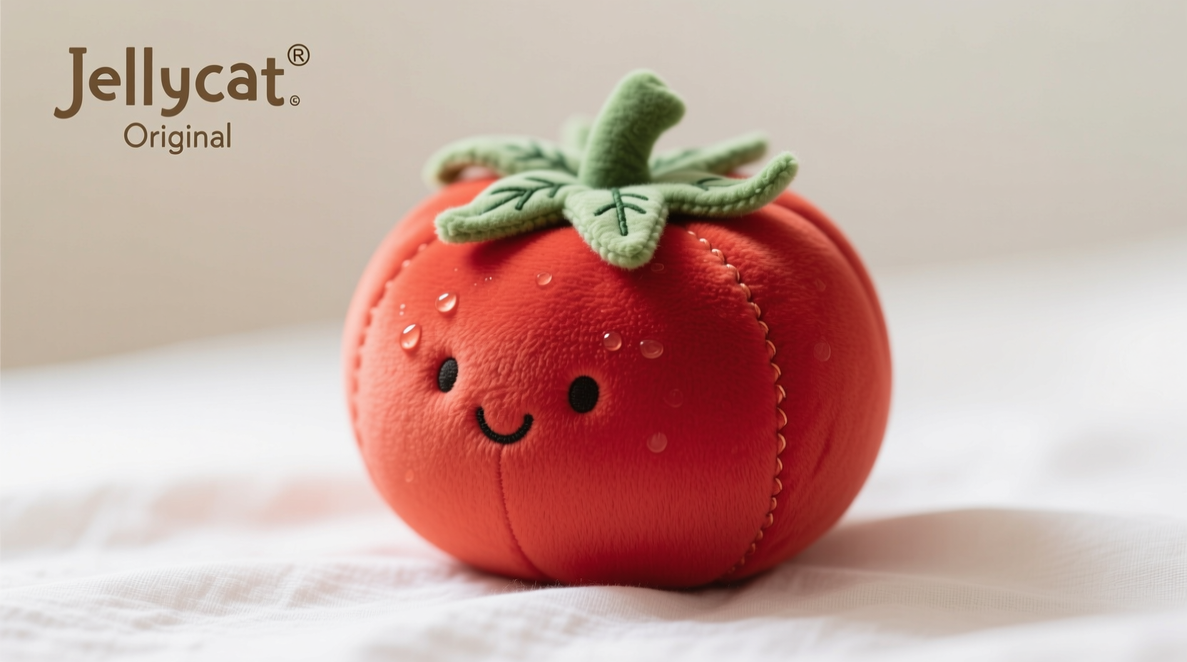 Soft red Jellycat tomato plush toy with green leaf detail