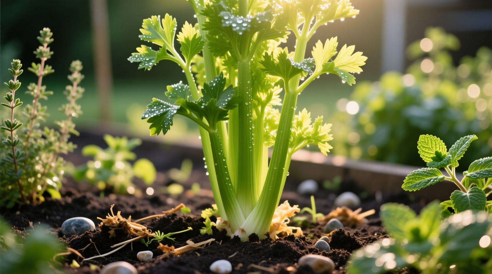 Healthy celery plants growing in garden bed
