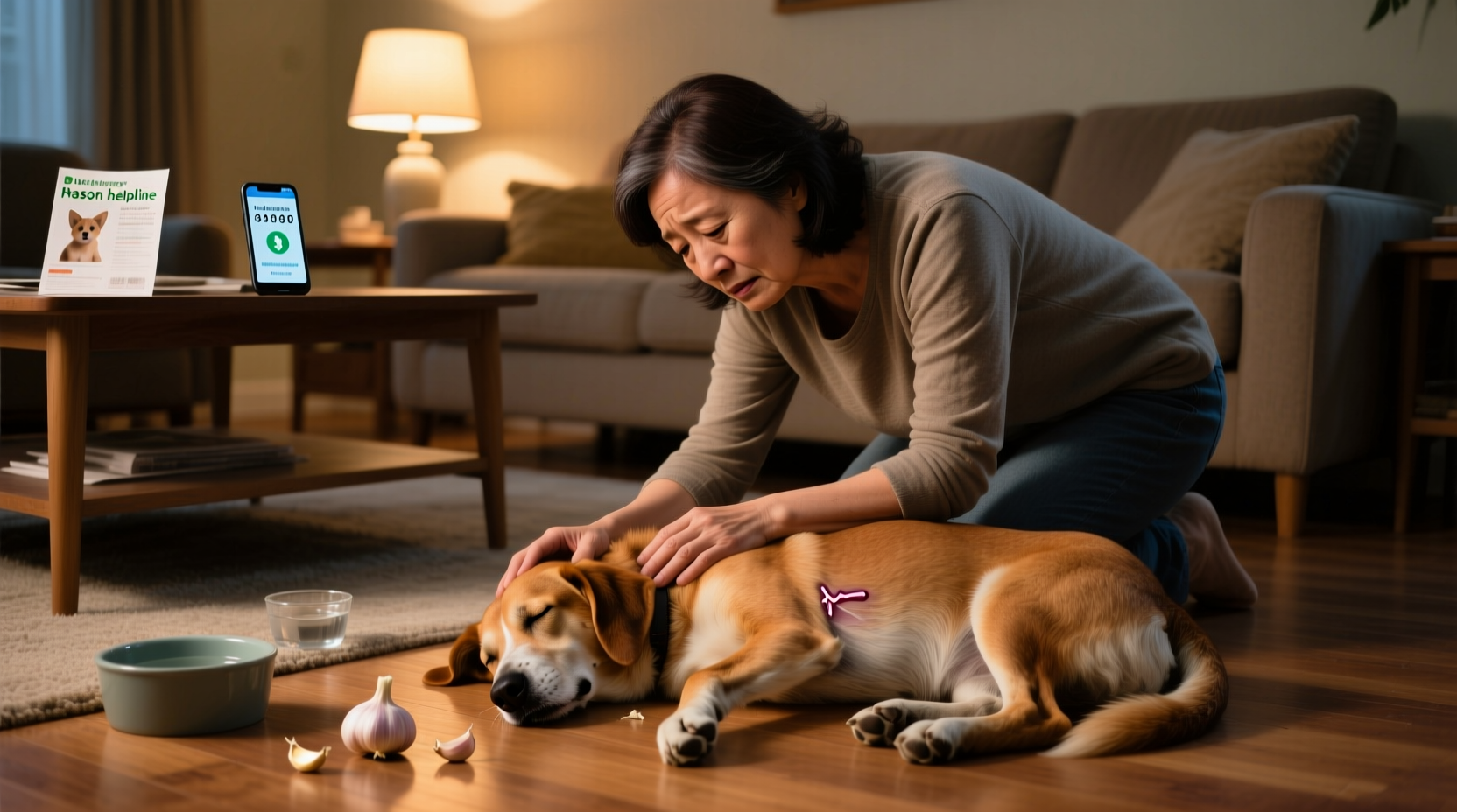 Dog owner checking on sick pet after garlic ingestion