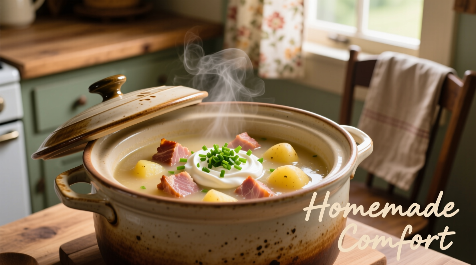 Creamy ham potato soup in slow cooker with garnish