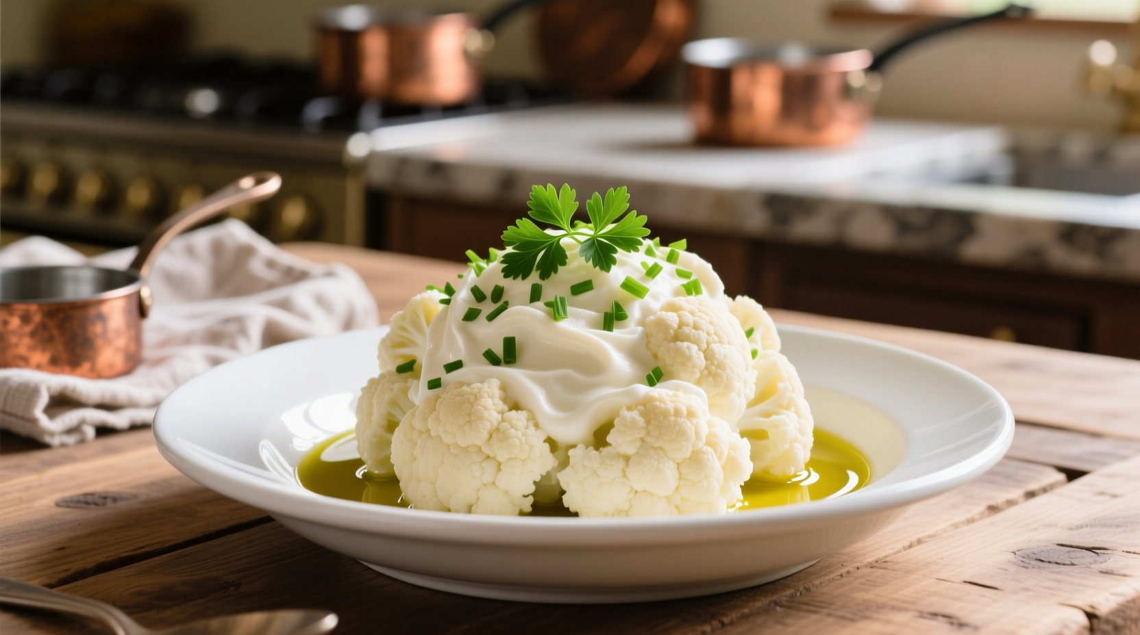Creamy whipped cauliflower in white bowl with fresh herbs