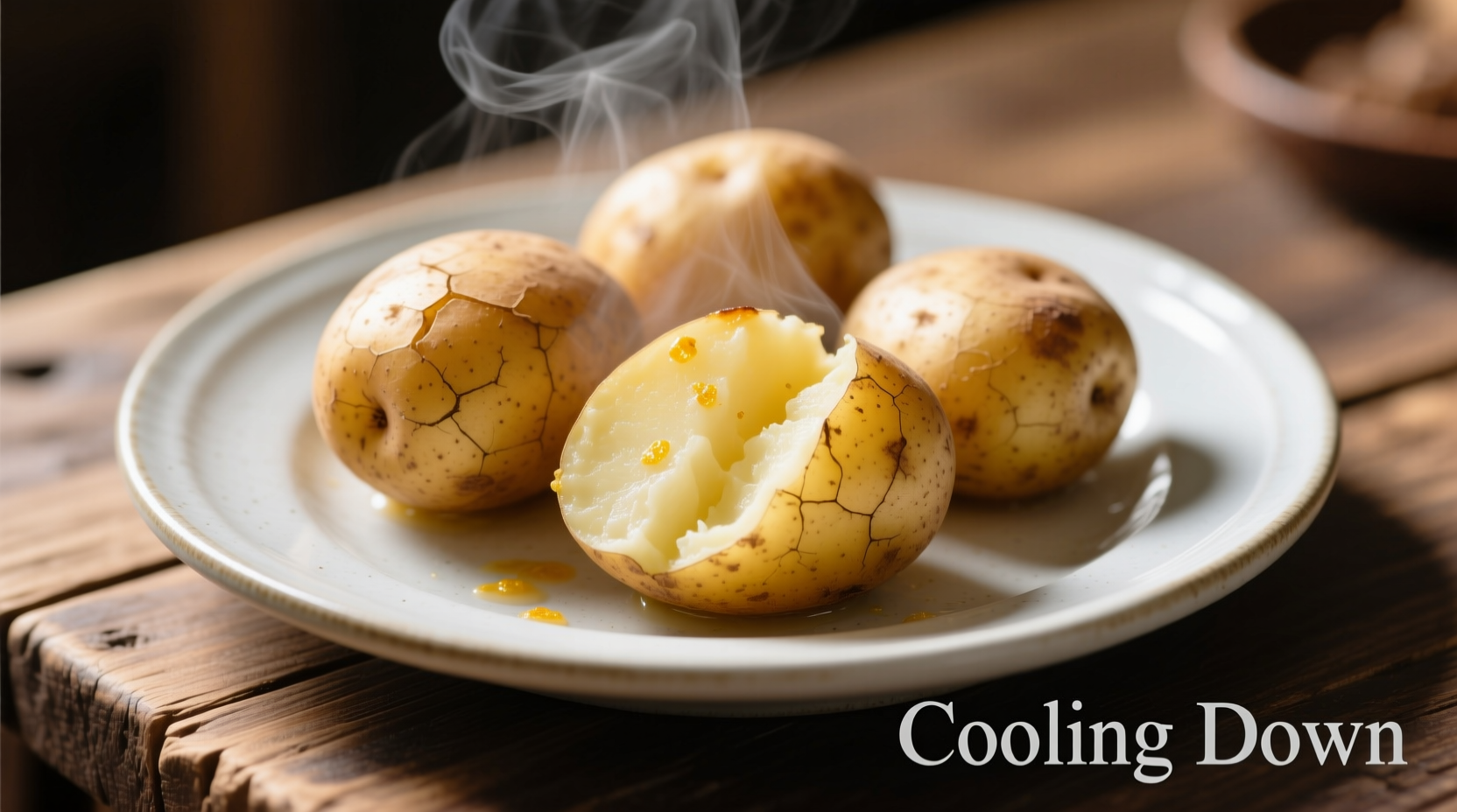 Cooked potatoes cooling on a plate