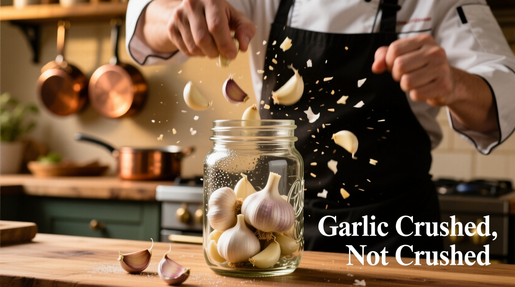 Chef shaking garlic cloves in glass mason jar